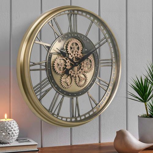 CLXEAST Gold Moving Gear Wall Clock for Modern Living Room Decor,Oversized Large Metal Roman Numeral Wall Clocks for Farmhouse Home Decor,28 Inch