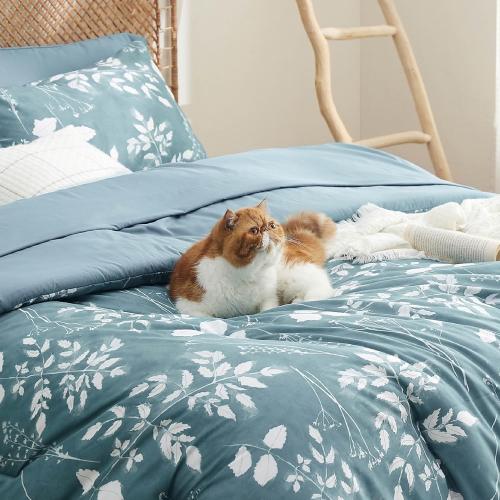 Bedsure Queen Comforter Set - 7 Pieces Floral Mineral Blue Soft Bedding Sets, Queen Bed in a Bag with Botanical Flowers Comforter, Sheets, Pillowcases & Shams
