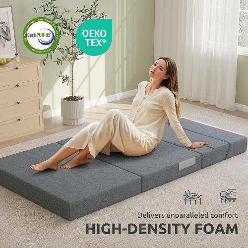 Youzi Folding Sofa Bed, Foldable Mattress for Bedroom and Living Room, 6 Inches Single Four-fold Floor Sofas for Guests, Sofa Bed Chair Floor Mattress with Washable Cover, Dark Gray, 75 x 25 x 6