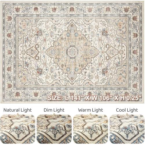 9x12 Area Rug Living Room: Washable Boho Large Neutral Vintage Soft Rugs Stain Resistant Farmhouse Non Slip Indoor Floor Carpet for Bedroom Nursery Kids Playroom Office Dining Room- Cream Blue