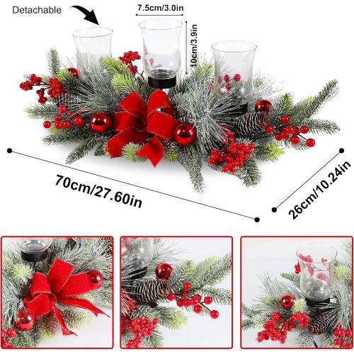 Red Christmas Table Centerpiece,Christmas Decoration Cedar with 3 Candlestick Glass Cup, Red Berry, Balls for Holiday Party, Home, Fireplace