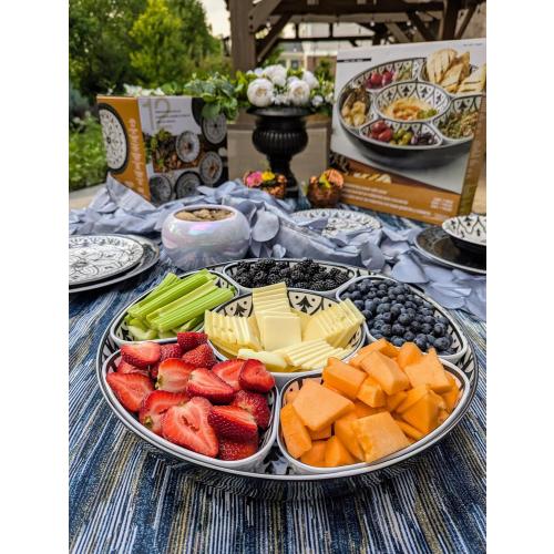 Lazy Susan Large 7 piece Serveware Set with Lid for Dining and Party - Condiment Salad Chips Nachos Pita or Taco Preperation Set - Cheese Platter (1, Black 7- piece Serving Set)