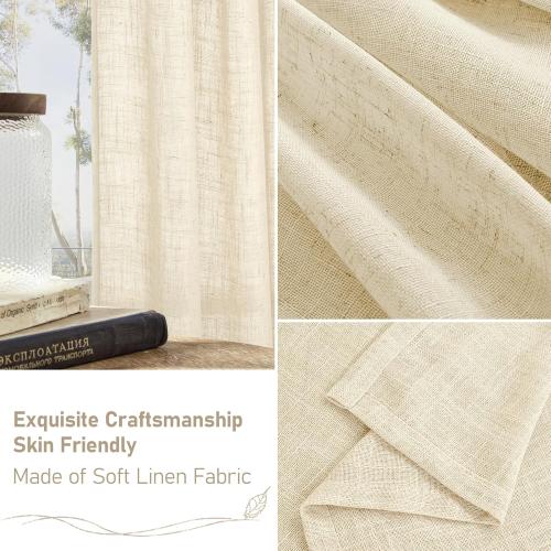 LAMIT Living Room Linen Curtains 90 Inch for Bedroom, Back Tab and Rod Pocket Linen Textured Sheer Curtains Light Filtering Boho Drapes for Farmhouse, 2 Panels, 52 x 90 Inch, Beige
