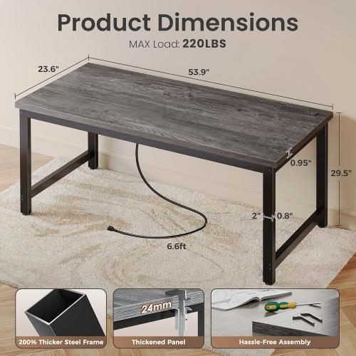 Huuger 55 x 24 inch Desk with Power Outlets & USB-C, Deeper & Thicker Desktop, Robust Metal Tubes, Computer Desk, Heavy Duty Office Desk, Work Gaming Desk for Home Office, Grey