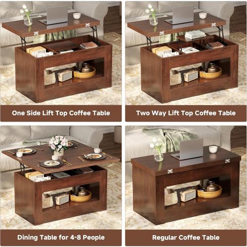 40 Lift Top Coffee Table, 4 in 1 Multi-Function Lift Coffee Table with Storage and Hidden Compartment, Convertible Coffee Tables to Dining Table for Living Room, Walnut