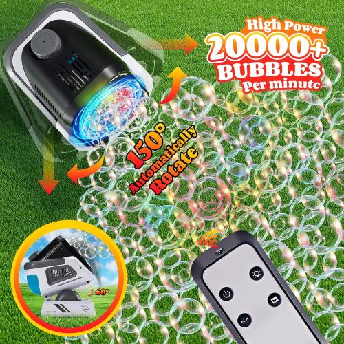 2025 Upgraded Bubble Machine with Remote Control, Automatic Rotation & RGB Lights, 1800mAh Rechargeable Battery, Type-C Charge, Bubble Maker for Kids, Weddings, Birthday Parties, Outdoor Activities