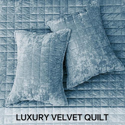 Velvet Quilt Set King Size - Luxury Velvet Comforter Bedding Set 3 Pieces, Lightweight Soft Cozy Shiny Dusty Blue Oversized Bedspread Coverlet for All Seasons with 2 Pillow Shams