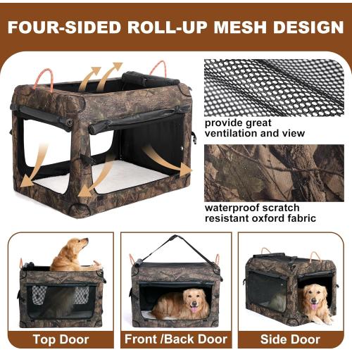KOOPRO 36.5 Inch Collapsible Dog Crate, Portable Soft-Sided Dog Travel Carrier Camouflage Style Pet Kennel 4-Door with Durable Mesh Windows, Washable Mat, Indoor & Outdoor for Small Medium Large Dogs