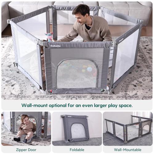 Babelio Wall Mountable Playard, Foldable Playpen for Babies and Toddlers- Adjustable Shape & Area, 62 * 31 Playpen with Zipper Gate, Portable Baby Fence for Indoor & Outdoor