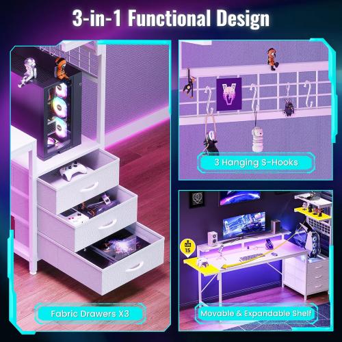 PRAISUN 61.7 Gaming Desk with LED Lights & Outlets, Computer Desk with 3 Fabric Drawers, PC Desk with PC Case Stand & Movable Storage Shelves, Monitor Stand, Reversible, White