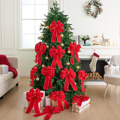 JOYIN 12 PCS Christmas Red Velvet Bows 14 x 12, Large Xmas Golden Edged Red Velvet Bow Tree Decor for Christmas Home Wreath Decoration