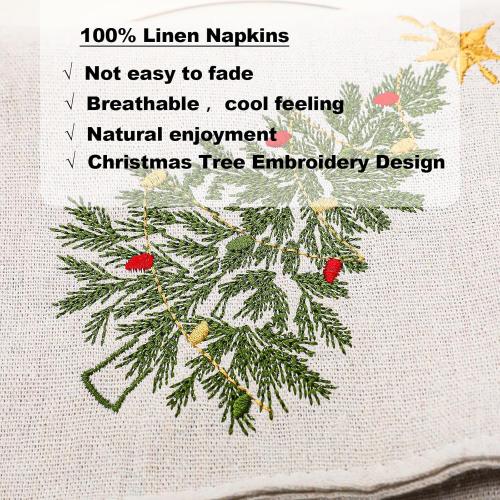 Newwiee Christmas Linen Napkin Set of 4 100% Linen Cloth 20 Inch Christmas Tree Embroidered Napkin Square Dinner Serviette Soft & Durable Holiday Table Decor Xmas Wedding Cocktail Party Supply