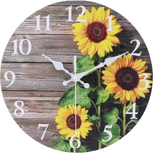 Sunflower Kitchen Decor Round Wall Clock 12 Inch Silent Non Ticking Battery Operated Wood Clock for Bedroom Bathroom Living Room