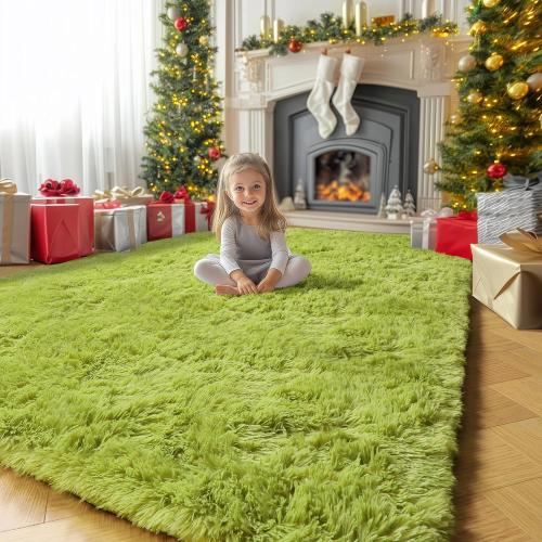 Grass Green Rugs for Bedroom, Fluffy Shag Area Rug 4x6 for Kids Room Living Room Baby Nursery Decor Aesthetic, Cute Furry Cool Shaggy Throw Bedside Fuzzy Plush Moss Carpet for Dorm Classroom Playroom