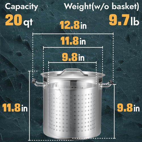 NSF 20 Quart Large Stock Pot with Lid and Basket, 18/8 Stainless Steel Cooking Pot, Commercial Cookware for Soup, Stew & Sauce, Oven Safe & Dishwasher Safe, 11.8D x 12.8W x 11.8H