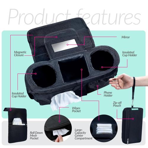 Swanoo Stroller Caddy Organizer With Cup Holder, Non Slip Straps Bag for Phone, Pet Stroller Accessories, Universal Fits Uppababby Vista v2 Wonderfold Wagon, Doona and More