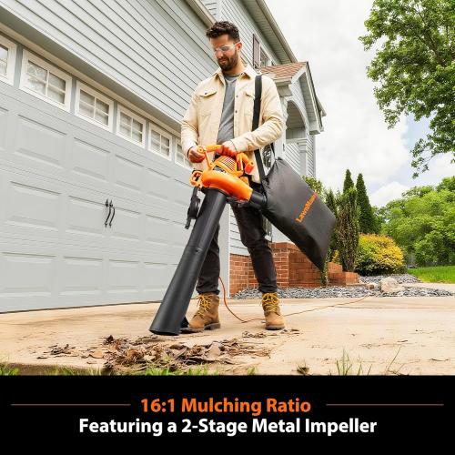 LawnMaster BV1210 Electric Blower Vacuum Mulcher 12 Amp 2-Speed Adjustment with Metal Impeller 240 MPH 380 CFM 16:1 Mulch Ratio with Collection Bag