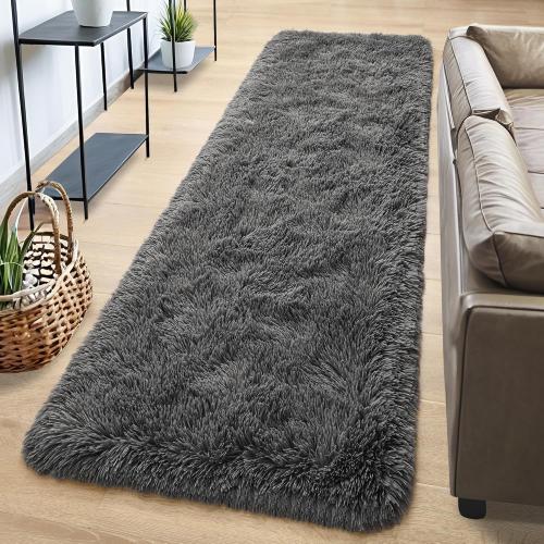 Fluffy Runner Rugs for Bedroom Aesthetic 2x6 Shag Soft Bedside Rug | Fuzzy Plush Carpet for Room Hallway Rug with Non-Slip Bottom for Nursery Dorm Indoor Home Decor, Dark Grey