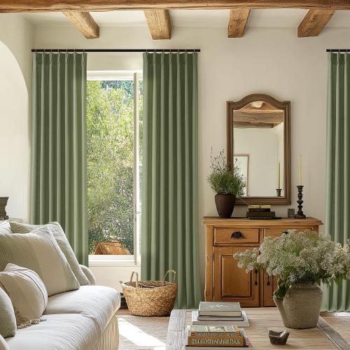 90 Inch Pleated Linen Olive Green Curtains for Living Room 2 Panels Semi Sheer Light Filtering Pinch Pleat Hooks Rings Back Tab Drapes Moss Green Farmhouse Boho Curtains 90 Inches Long Bedroom Window