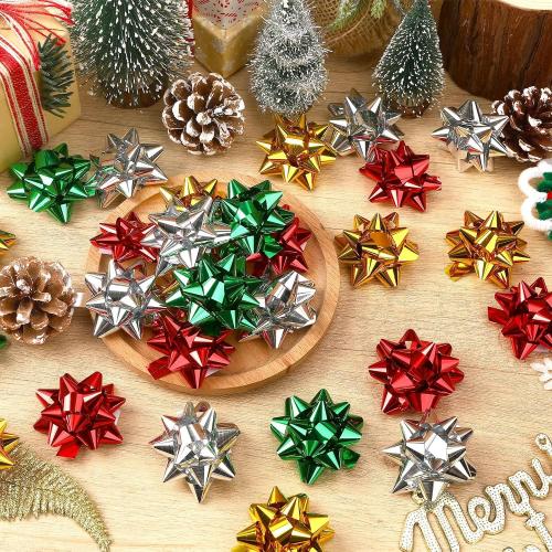 DECYOOL 1 Inch Mini Gift Wrap Bows, 200pcs Christmas Red Green Gold Silver Self Adhesive Metallic Bows for Holiday Christmas Birthday Party Favor Packaging Decorations
