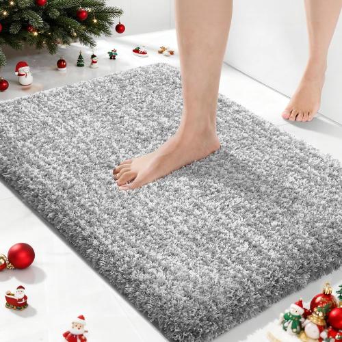 Yimobra Bathroom Rugs Non Slip Washable, Ultra Soft and Water Absorbent Bath Mats, Plush Fluffy Shower Mat Outside, Microfiber Thick Matts for Bathroom Floor/Sink, 24x17, Light Gray and White