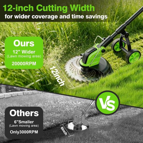 Kihoplly 12 Stringless Weed Wacker Cordless Eater, 21V 6000mAh Battery Powered Trimmer Edger Lawn Tool, 20000 RPM Powerful Electric Wheeled Lawn Edger with Blades, Foldable& Lightweight Brush Cutter | 6000mAh Battery Powered Trimmer Edger, Electric Wheeled Lawn Edger with Blades, Foldable& Lightweight Brush Cutter
