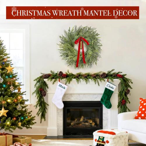 24 Large Christmas Wreaths for Front Door Thick Outdoor Christmas Wreath with Norfolk Pine Cypress Branches Gold Cow Bell Red Bow Soft Artificial Xmas Wreath for Home Door Window Wall Porch Indoor