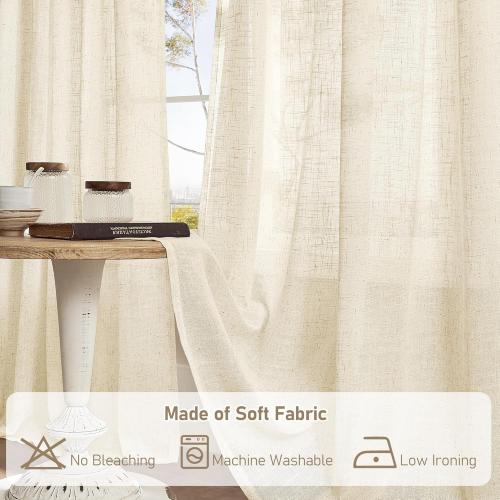 LAMIT Living Room Linen Curtains 90 Inch for Bedroom, Back Tab and Rod Pocket Linen Textured Sheer Curtains Light Filtering Boho Drapes for Farmhouse, 2 Panels, 52 x 90 Inch, Beige