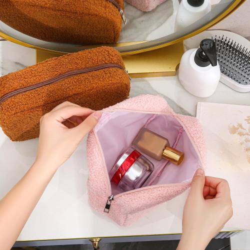 Size Small Color Pink Teddy Plush Aesthetic Cosmetic Bag,fashionable zipper fluffy Makeup bag,portable home travel skincare storage bag, terry fabric college style Mini Makeup Pouch (Pink)