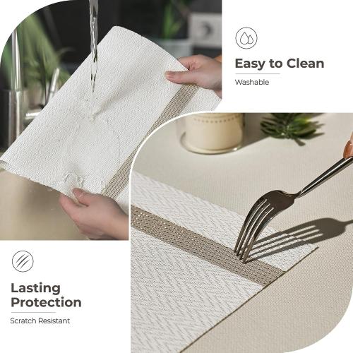 Leetaltree Sparkling White Vinyl Woven Placemats Set of 4 - Washable Dining Table Placemats Striped, Suitable for Wedding, Anniversary, Daily Use - Sparkling Table Decor