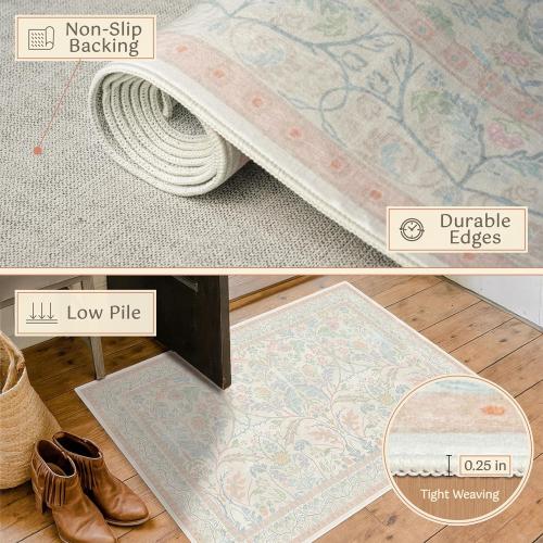 Light Pink 6x9 Girl Bedroom Rug Low Pile & Soft, Botanical Floral Washable Area Rug for French Country Living Room, Nuresry, Pastel Pink Non Slip Soft Kids Room Décor