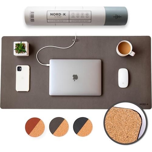 Nordik Cork Leather Desk Mat Cable Organizer - Gunmetal Grey 35 X 17 inch - Premium Extended Mouse Mat for Home Office Accessories - Non-Slip Vegan Leather Desk Pad Protector & Desk Blotter Pad