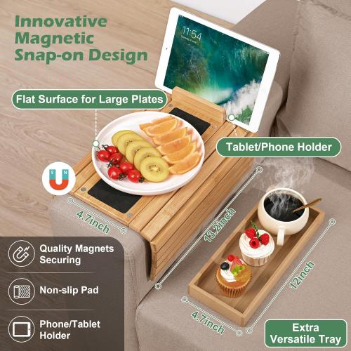 Joy&Grace Couch Arm Tray, 3-in-1 Magnetic Detachable Sofa Arm Table with Phone and Tablet Holder Bamboo Couch Cup Holder, Foldable Sofa Armrest Tray for Eating, Drinks, Phones (Natural)
