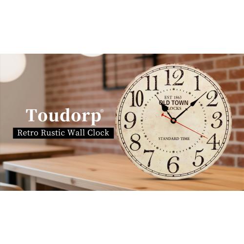 14in Antique Vintage Round Wall Clock Silent Old Town Farmhouse Home Decor