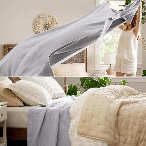 Bedsure 100% Cotton Blanket, Herringbone Weave, Queen Size, Cool Grey