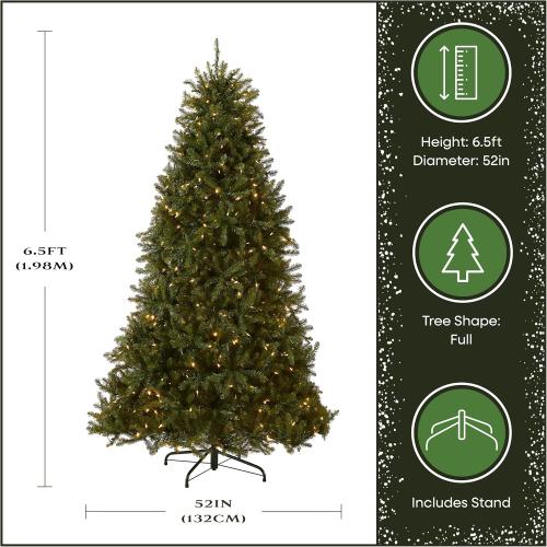 National Tree Company 6.5 ft Pre-Lit Dunhill Fir Artificial Christmas Tree, 600 LED Lights, 1,838 Tips, PowerConnect, Foot Pedal, 10 Light Functions, Includes Stand, Green
