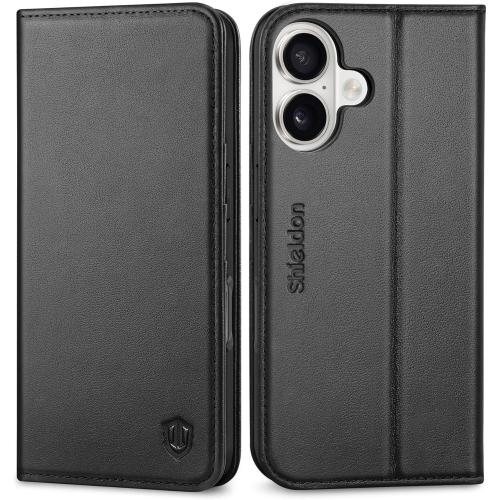 SHIELDON Genuine Leather Wallet Case for iPhone 17 6.3-inch 5G 2025 | Flip Magnetic Cover | Kickstand | RFID Blocking | 3 Credit Card Holder | Shockproof | Soft Inner Phone Case | Black