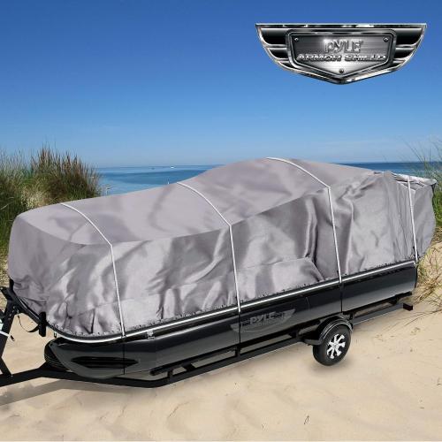 PYLE Boat Cover, Boat, Boat Covers, Heavy Duty Trailerable Waterproof Marine Grade Polyester, Fits Pontoon/Deck Boats 21-24 ft, Beam Width up to 94, Includes Storage Bag, Gray, 300D PU Coated
