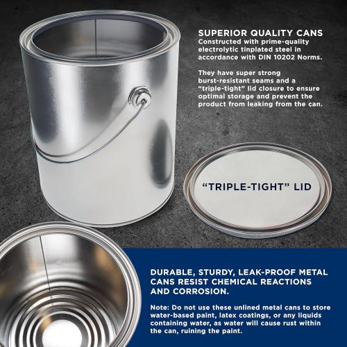 Master Elite 1 Gallon Unlined Empty Metal Paint Can Bucket with Lids, Bail Handles, Pack of 4 - Triple Tight Seal, 128 fl. oz. Steel Coating Storage Container Tin - Store Leftover Oil-Based Paint Auto