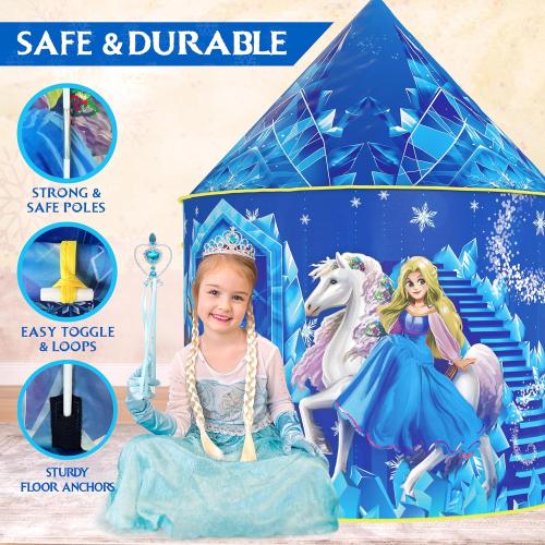 W&O Frozen Princess Tent for Girls with Magical Sound Button, LED Lights, Crown & Wand – Indoor & Outdoor Frozen Tent for Girls Ages 3-7