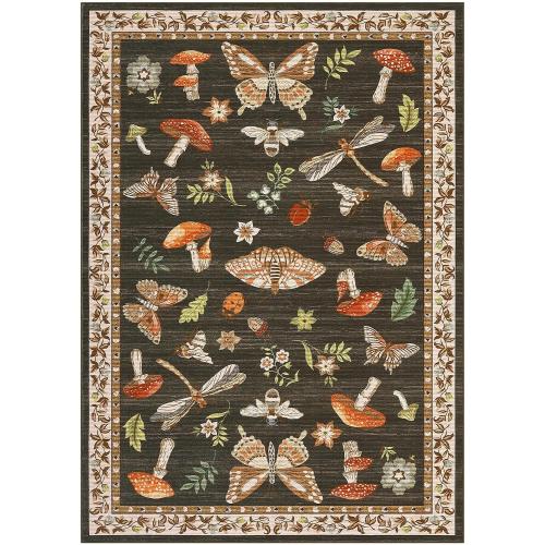 BROWN AND PINK MUTICOLOR Mushroom 10x13 Area Rug for Living Room Washable Non Slip Forest Soft Low-Pile Stain Resistant Thin Large Throw Carpet for Bedroom Dining Room Office Brown