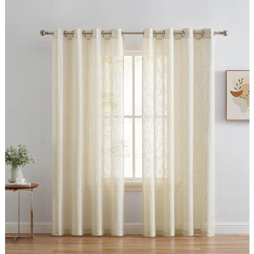 HLC.ME Abbey Faux Linen Textured Semi Sheer Privacy Sun Light Filtering Transparent Window Grommet Long Thick Curtains Drapery Panels for Bedroom & Living Room, 2 Panels (54 W x 96 L, Beige)