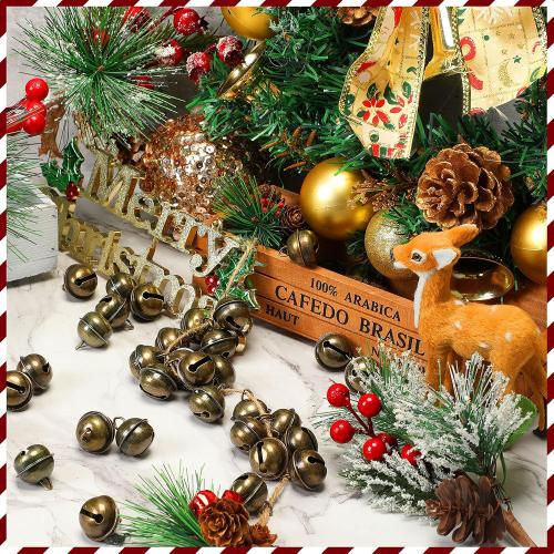 Hicarer 100 Pcs Christmas 1 Inch Bronze Jingle Bell for Craft with 32.8 ft Flax Rope Antique Decorative Tone Copper Bells Hanging Brass Decor for Xmas Tree Craft Decoration DIY Pet Dog Cat Pendants
