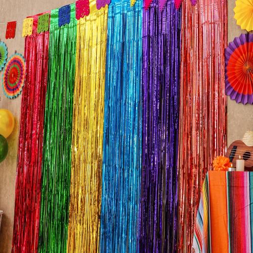 Mega-L Fiesta Taco Foil Fringe Curtains, Mexican Party Backdrop, 2 Pack