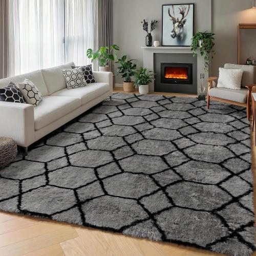 LARGE Area Rugs for Bedroom Living Room, Fluffy Grey and Black Bedside Rug for Nursery Kids Teen Dorm, Soft Shaggy Geometric Plush Fuzzy Indoor Floor Carpet for Home Decor Aesthetic