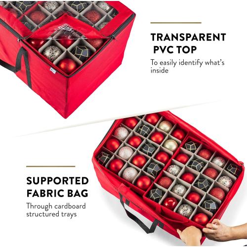 ZOBER Christmas Ornament Storage Box - Stores 200 3 Ornaments with Individual Trays - Tear Proof 600D Oxford Fabric - ornament organizer storage box (Red, 200-3 Ornaments)