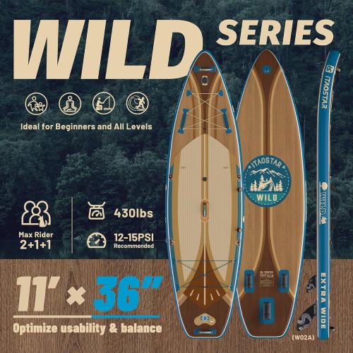 Wild 11'×36/11'6×34/12'6×33 Inflatable Paddle Board with Seat, One-Stop Premium SUP Board Gears, Tailored 5 Fins, Stable Inflatable Stand Up Paddle Boards for Youth/Adults of All Levels (NO TEST)
