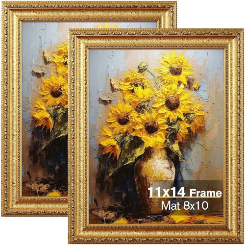 11x14 Gold Picture Frame, Photo Frame for Wall or Tabletop Display, 2 Pack Ornate Vintage Picture Frames with Real Glass, Display Poster 8x10 with Mat or 11x14 without Mat for Antique D co