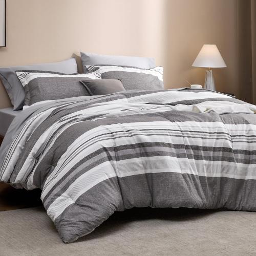 Bedsure large Comforter  Grey and White  Striped Bedding Set for All Seasons, Reversible,  with Comforter,
