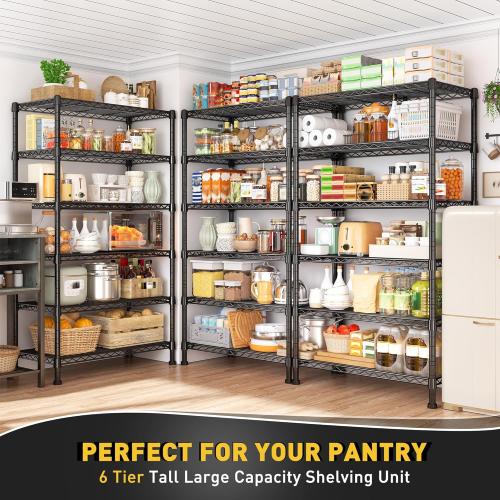 REIBII 6-Tier Storage Shelves Metal Shelving for Storage Load 1000 LBS,Wire Shelves Heavy Duty Shelving Unit Adjustable Pantry Shelf Bathroom Kitchen Garage 24 W x 14 D x 71 H, Black